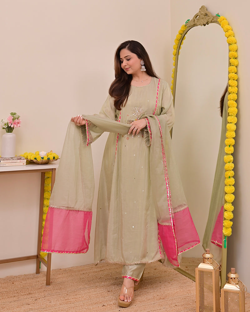 Sage Green Nazaakat Mul Chanderi Handwork A Line Suit