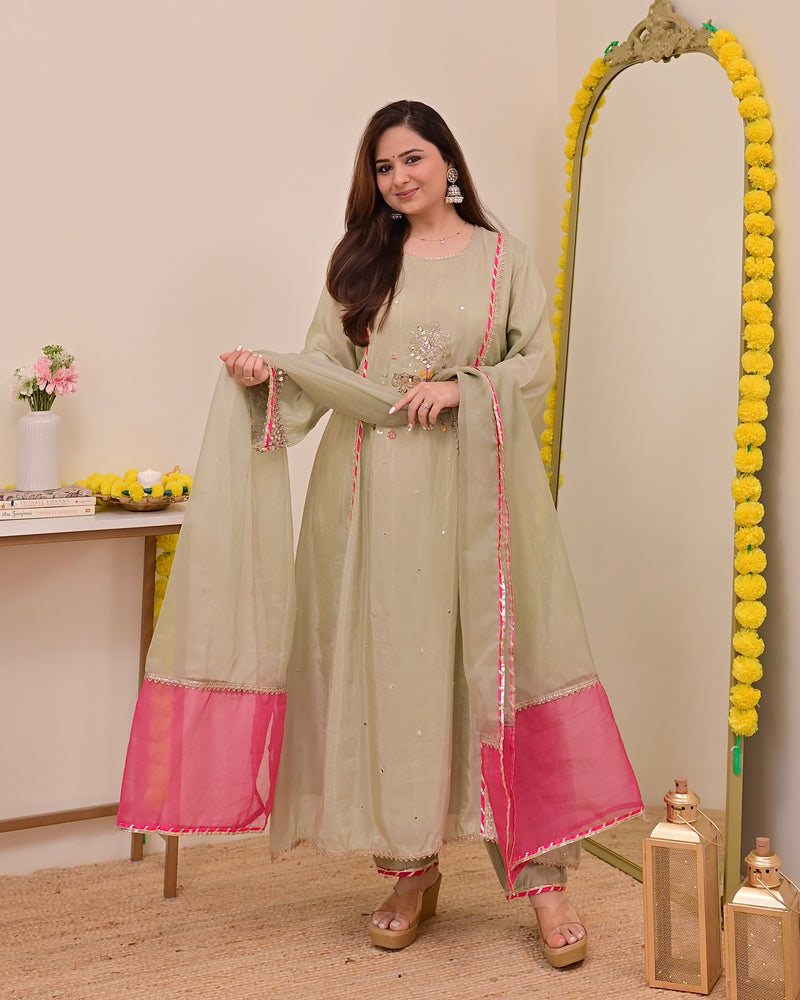 Sage Green Nazaakat Mul Chanderi Handwork A Line Suit