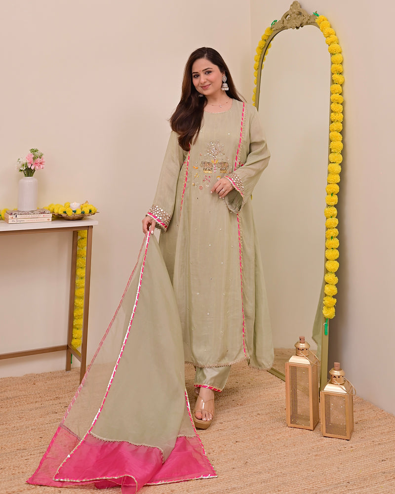 Sage Green Nazaakat Mul Chanderi Handwork A Line Suit
