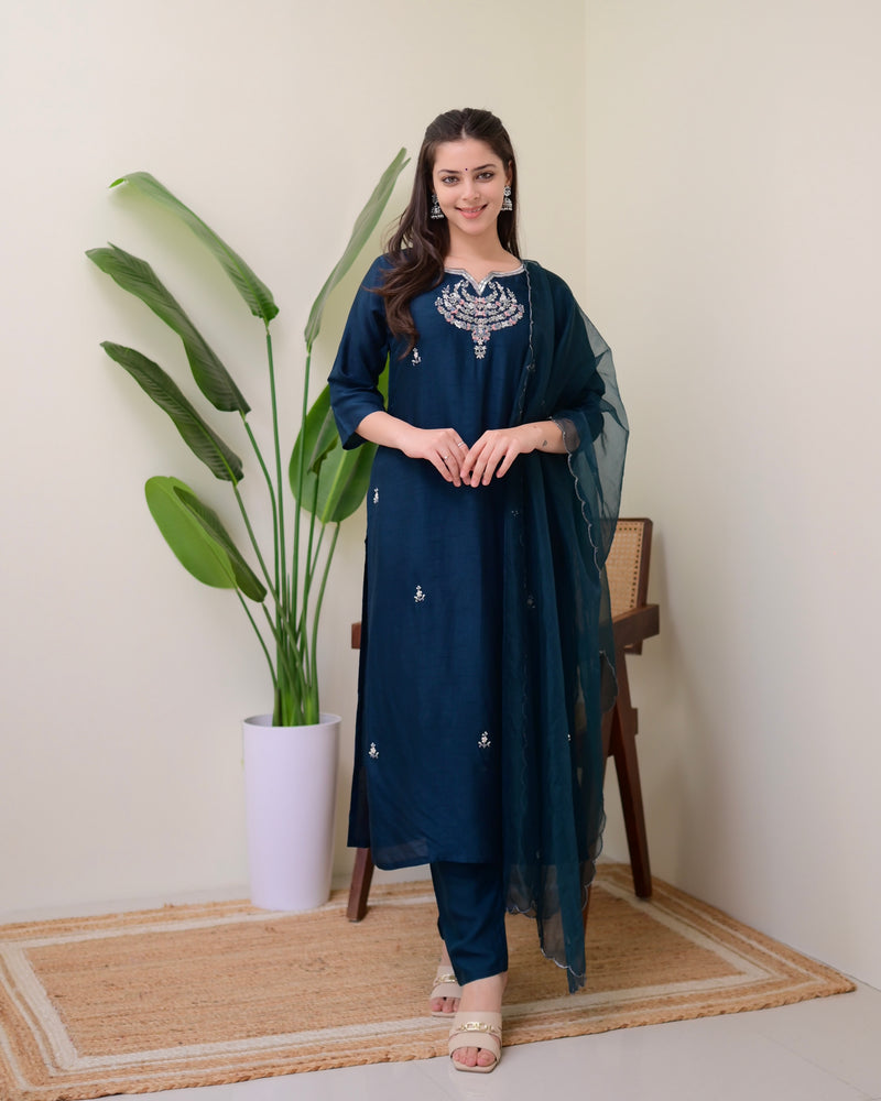 Navy Blue Handwork Silk Suit