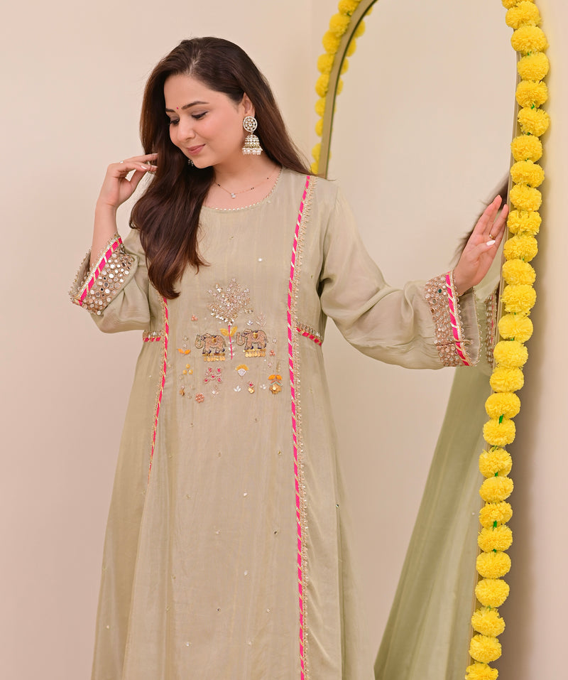 Sage Green Nazaakat Mul Chanderi Handwork A Line Suit