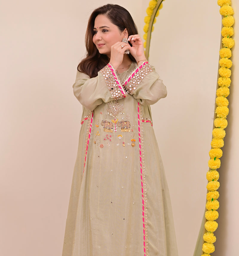 Sage Green Nazaakat Mul Chanderi Handwork A Line Suit