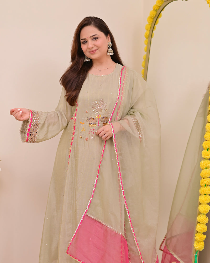 Sage Green Nazaakat Mul Chanderi Handwork A Line Suit