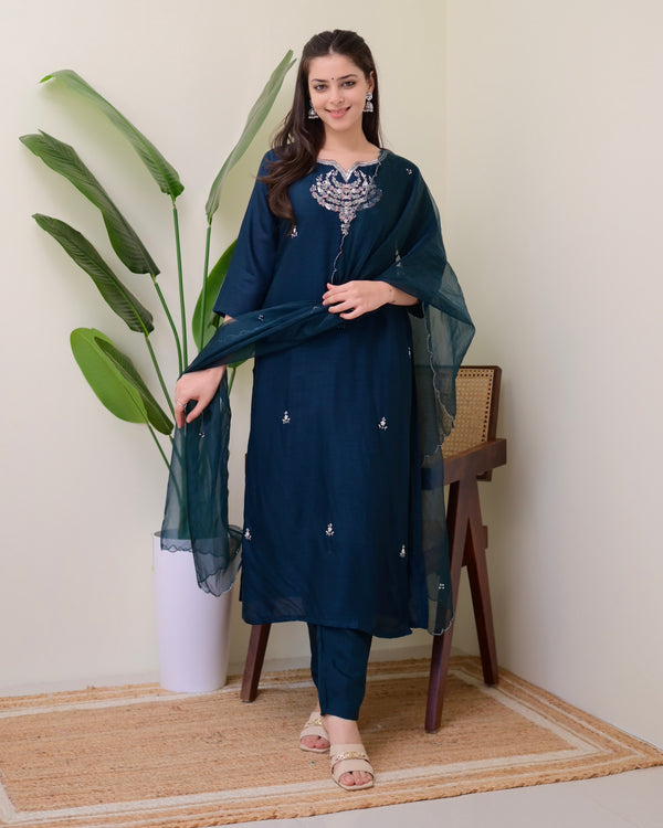 Navy Blue Handwork Silk Suit
