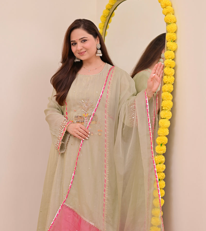 Sage Green Nazaakat Mul Chanderi Handwork A Line Suit