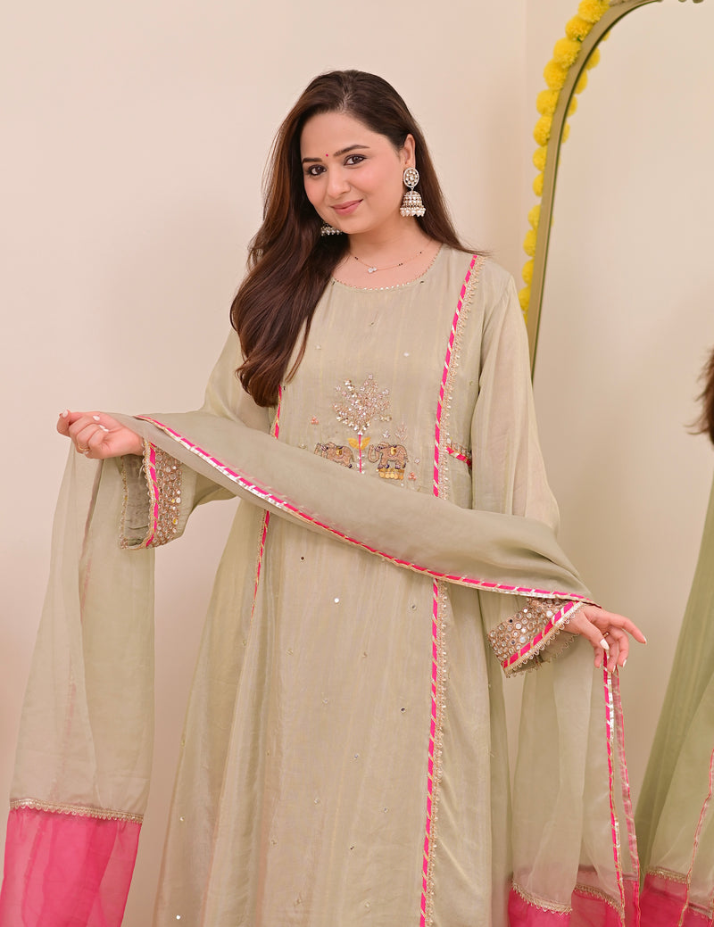 Sage Green Nazaakat Mul Chanderi Handwork A Line Suit