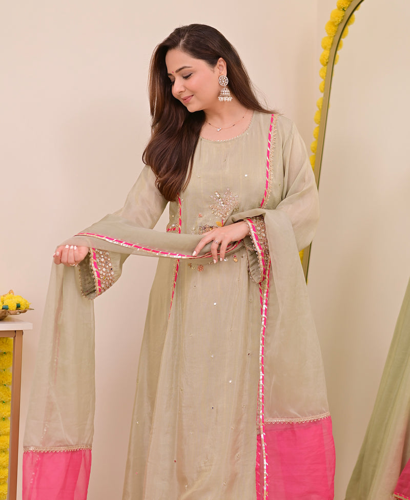 Sage Green Nazaakat Mul Chanderi Handwork A Line Suit
