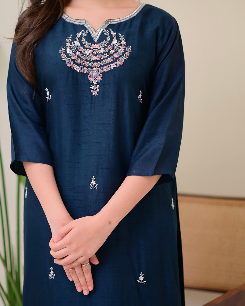 Navy Blue Handwork Silk Suit