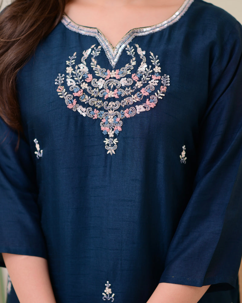 Navy Blue Handwork Silk Suit
