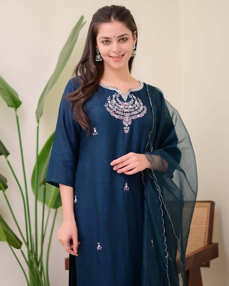 Navy Blue Handwork Silk Suit