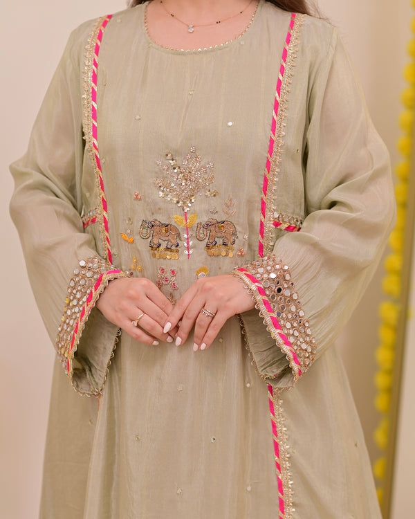 Sage Green Nazaakat Mul Chanderi Handwork A Line Suit