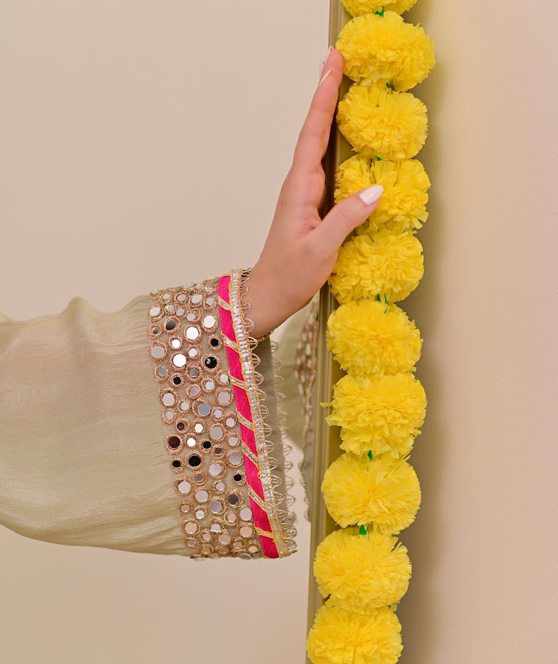 Sage Green Nazaakat Mul Chanderi Handwork A Line Suit