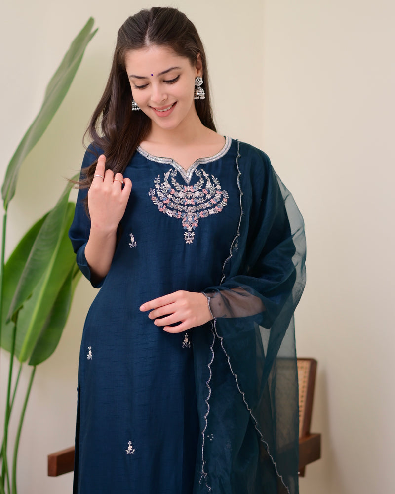 Navy Blue Handwork Silk Suit