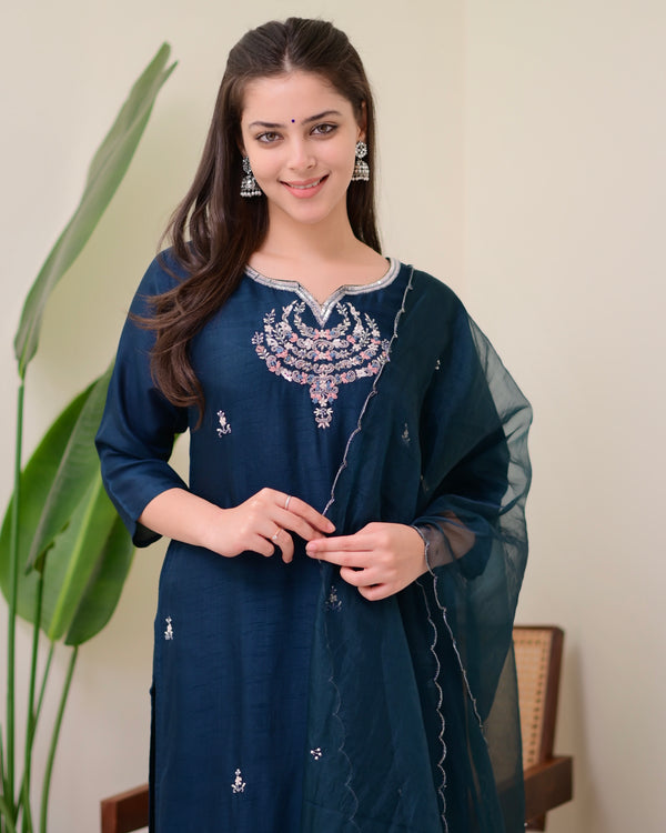 Navy Blue Handwork Silk Suit