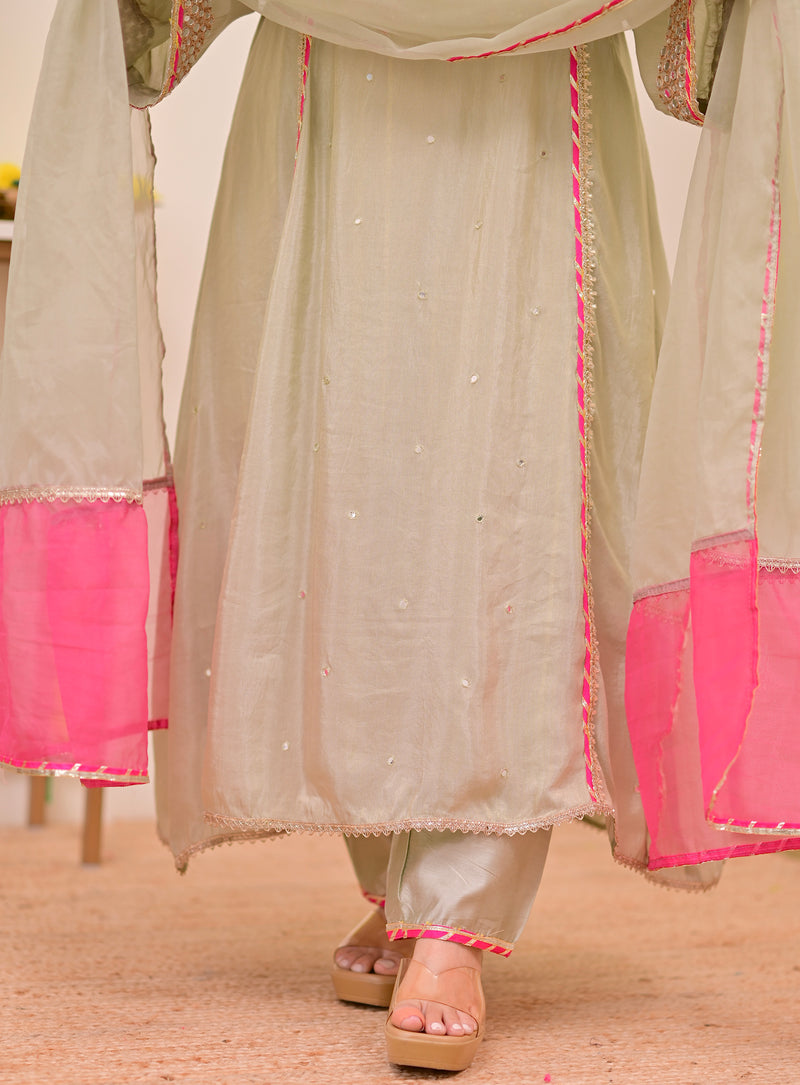 Sage Green Nazaakat Mul Chanderi Handwork A Line Suit