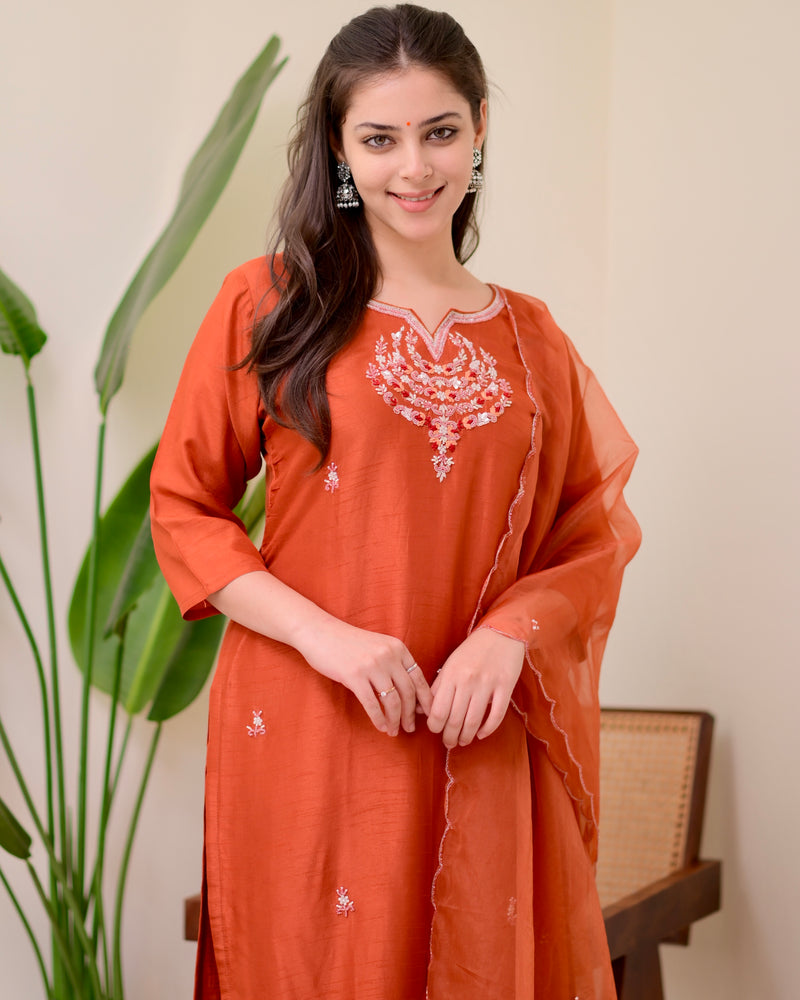Rust Orange Handwork Silk Suit