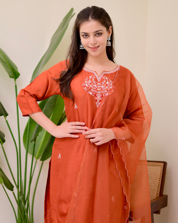 Rust Orange Handwork Silk Suit