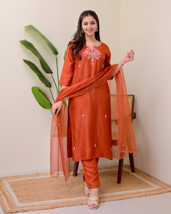 Rust Orange Handwork Silk Suit