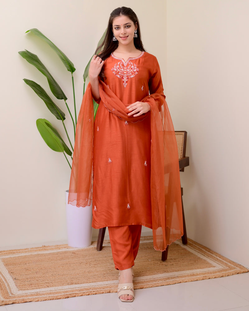 Rust Orange Handwork Silk Suit