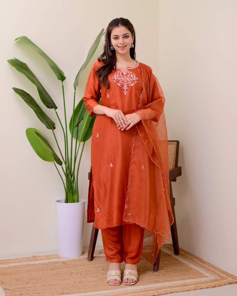 Rust Orange Handwork Silk Suit