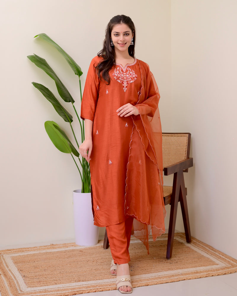 Rust Orange Handwork Silk Suit