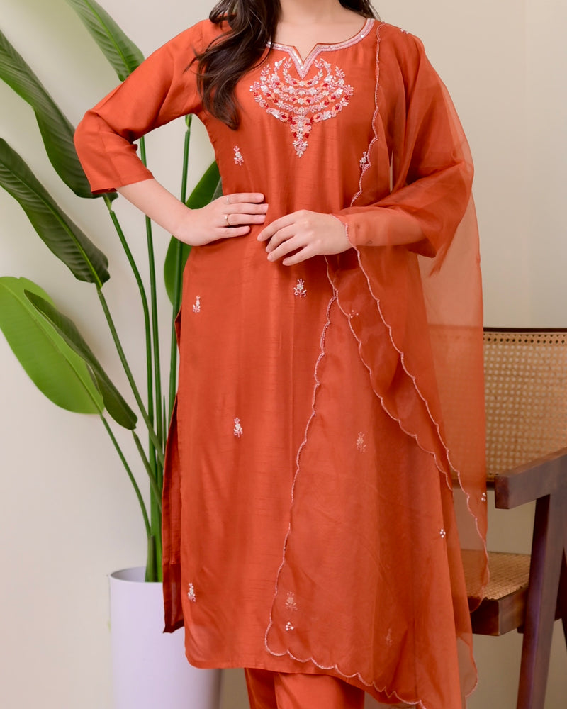 Rust Orange Handwork Silk Suit