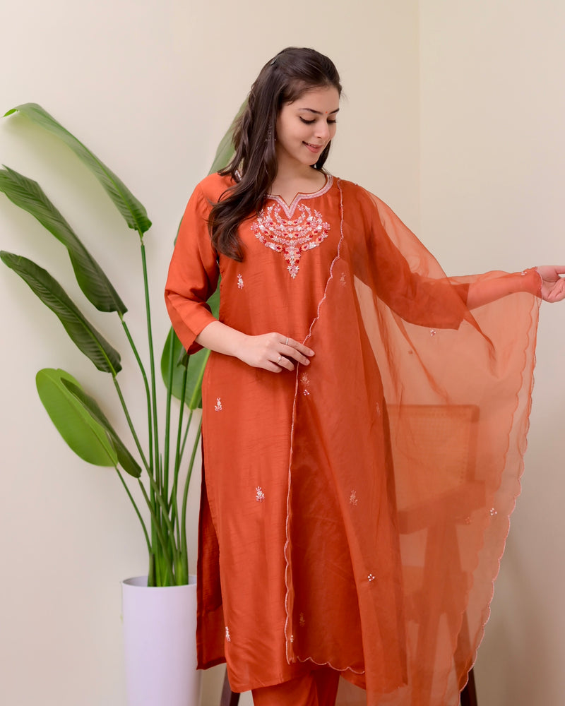 Rust Orange Handwork Silk Suit