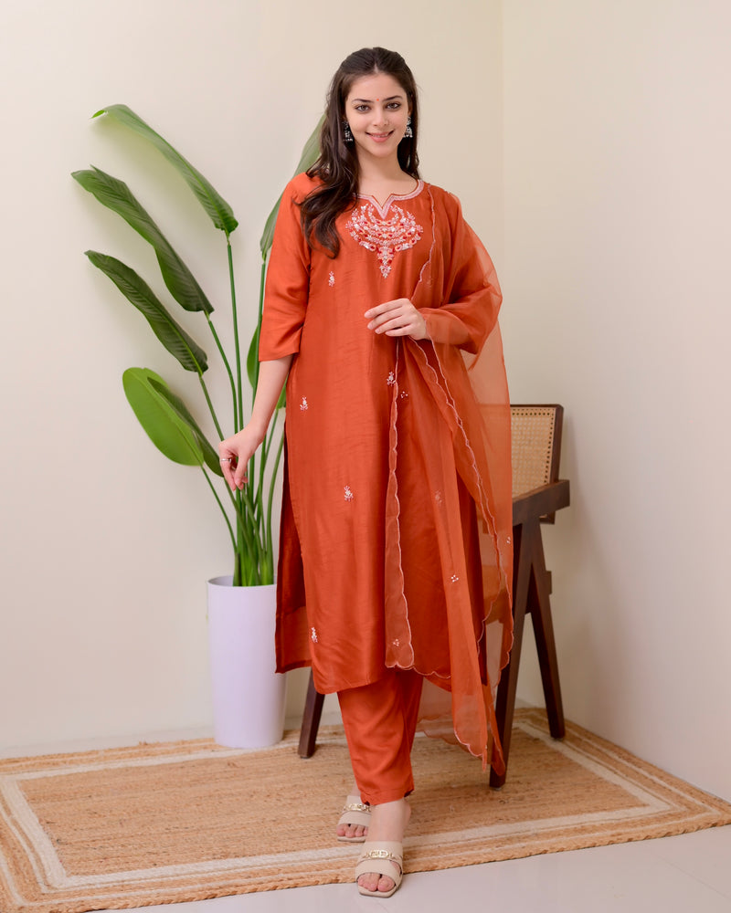 Rust Orange Handwork Silk Suit