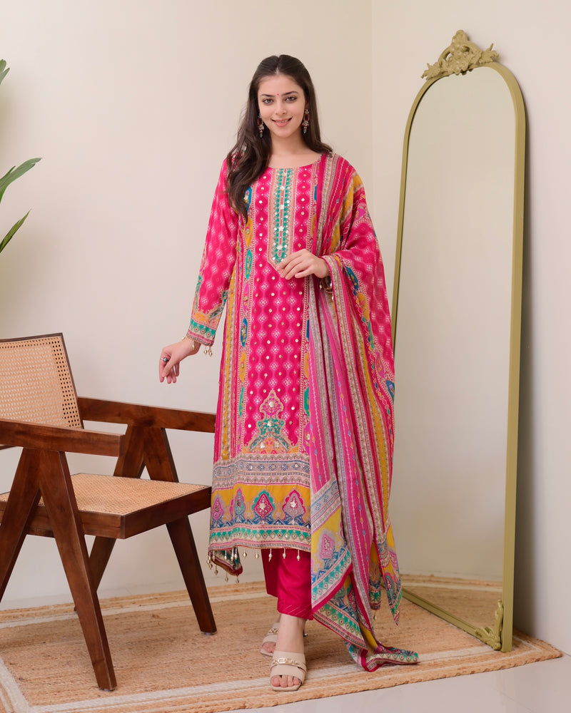 Rani Pink Chinnon Handwork A Line Festive Suit