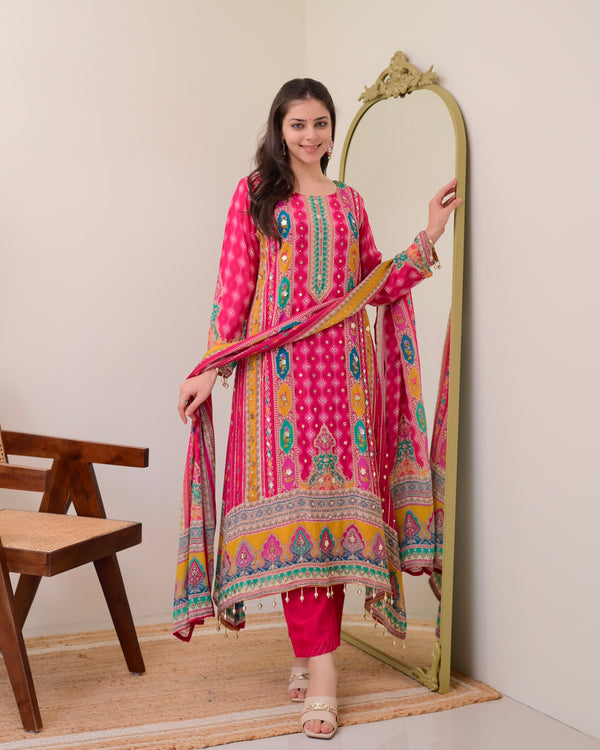 Rani Pink Chinnon Handwork A Line Festive Suit