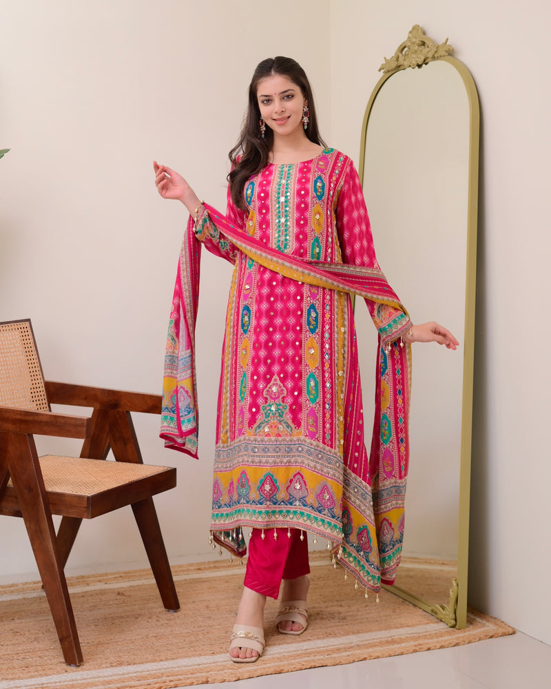 Rani Pink Chinnon Handwork A Line Festive Suit