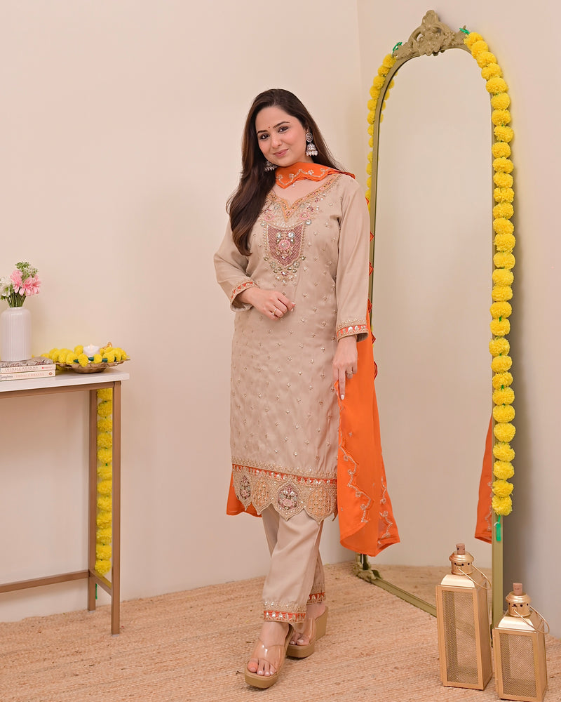 Sunkissed Ivory Chanderi Silk Handwork Festive Suit