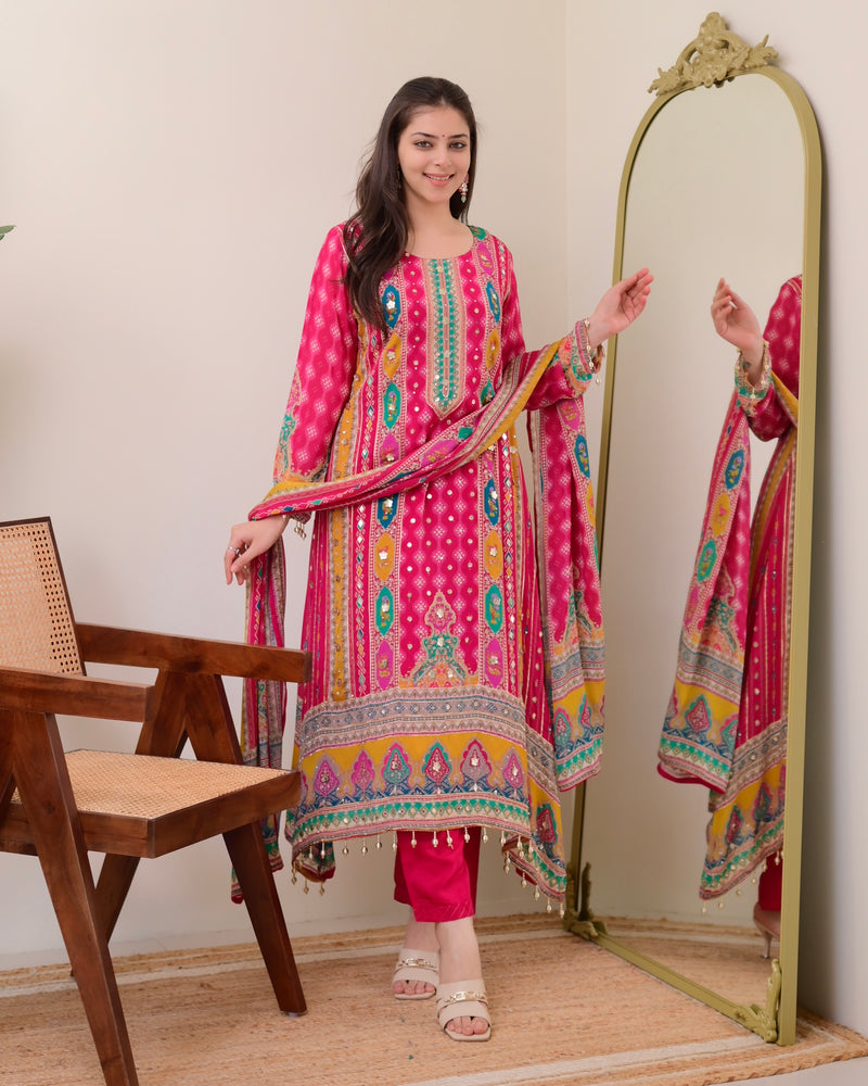 Rani Pink Chinnon Handwork A Line Festive Suit
