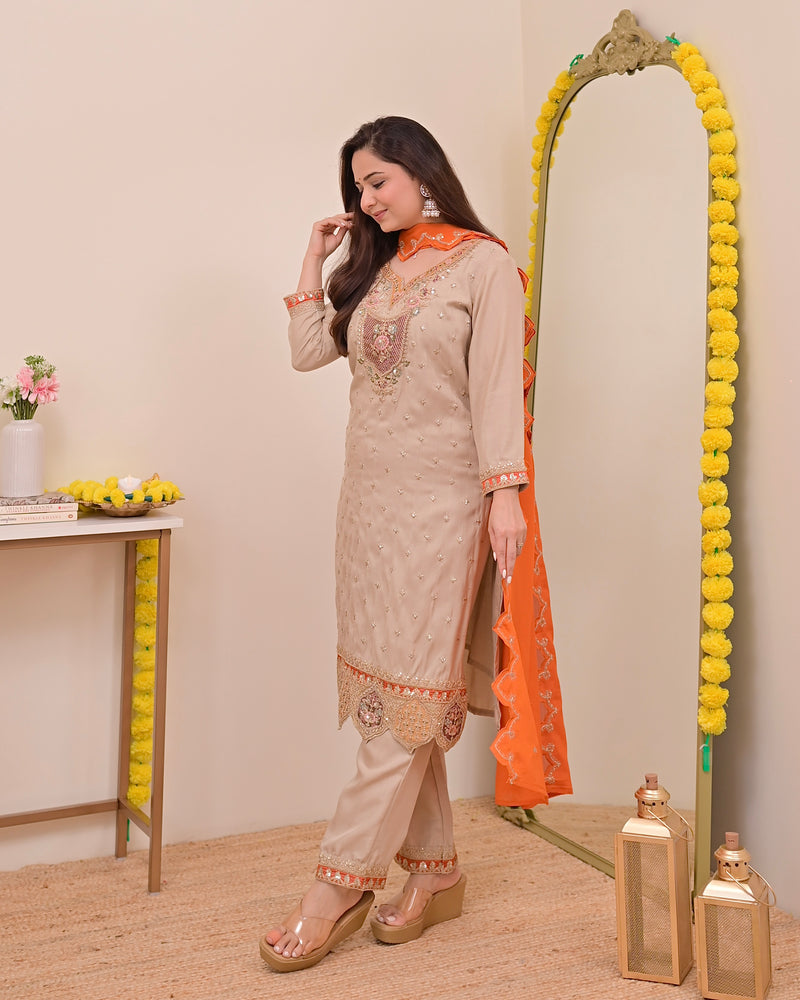 Sunkissed Ivory Chanderi Silk Handwork Festive Suit