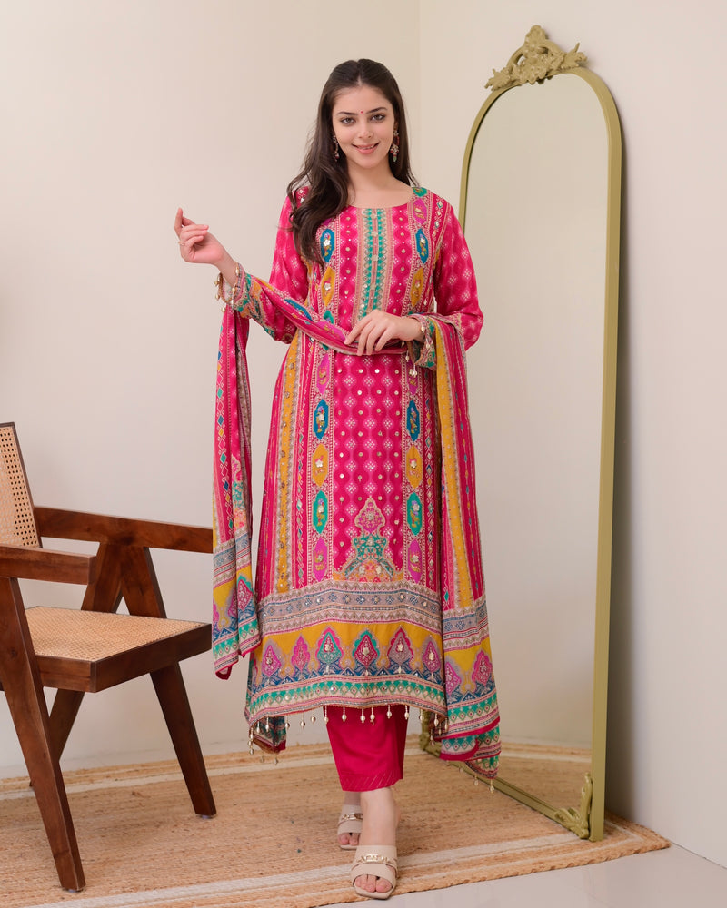 Rani Pink Chinnon Handwork A Line Festive Suit