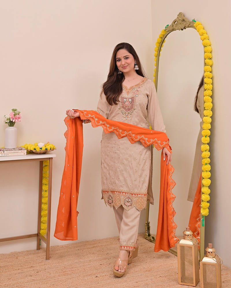 Sunkissed Ivory Chanderi Silk Handwork Festive Suit