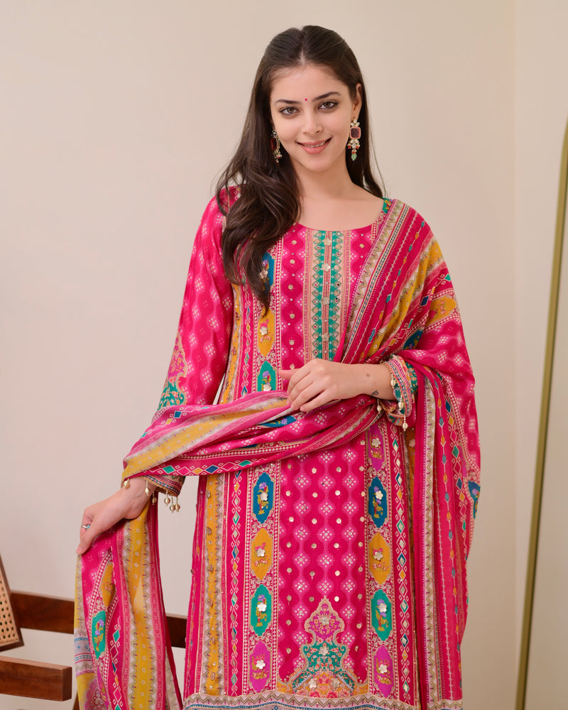 Rani Pink Chinnon Handwork A Line Festive Suit