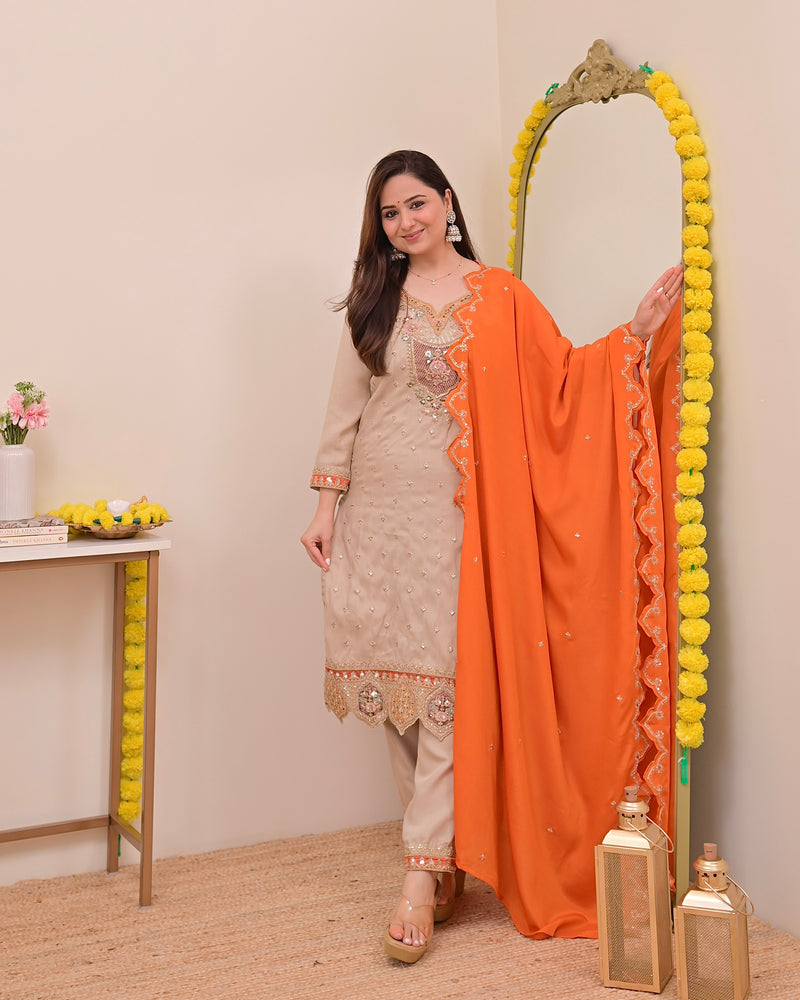 Sunkissed Ivory Chanderi Silk Handwork Festive Suit