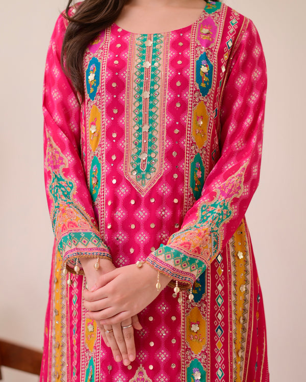 Rani Pink Chinnon Handwork A Line Festive Suit