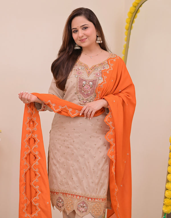 Sunkissed Ivory Chanderi Silk Handwork Festive Suit