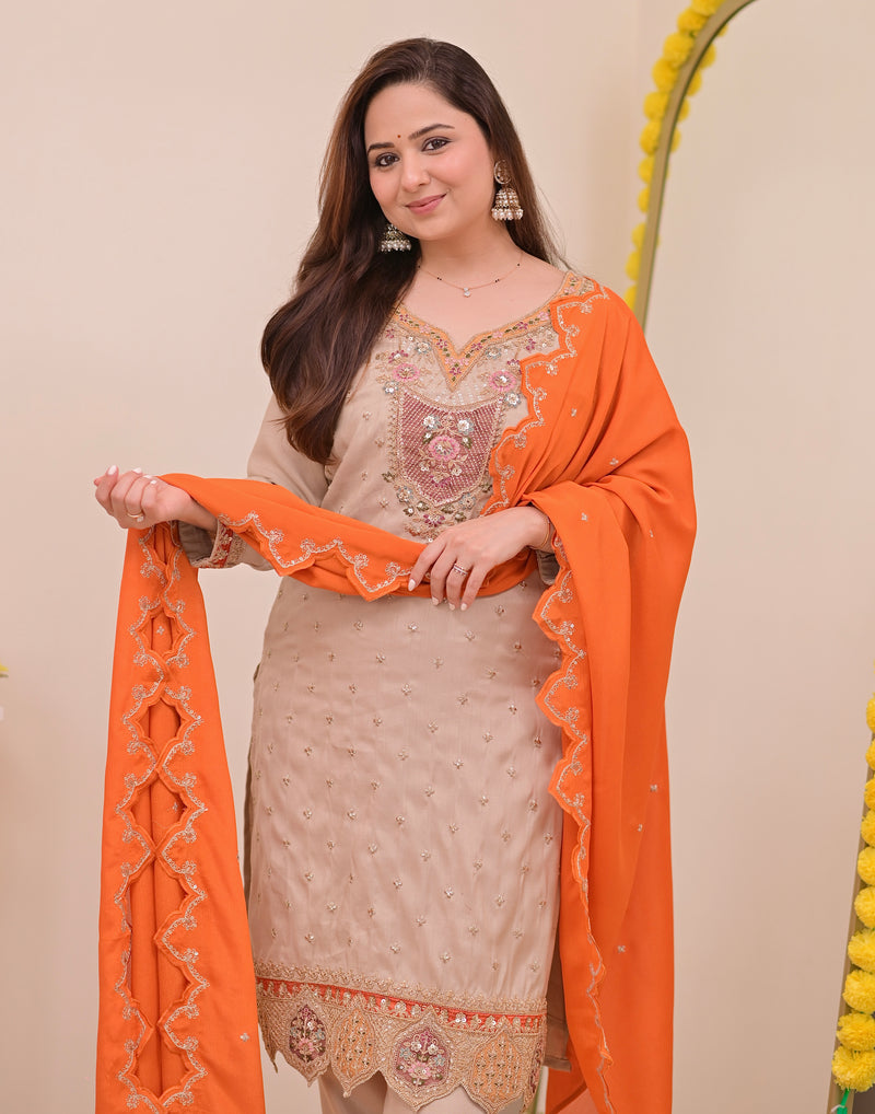 Sunkissed Ivory Chanderi Silk Handwork Festive Suit