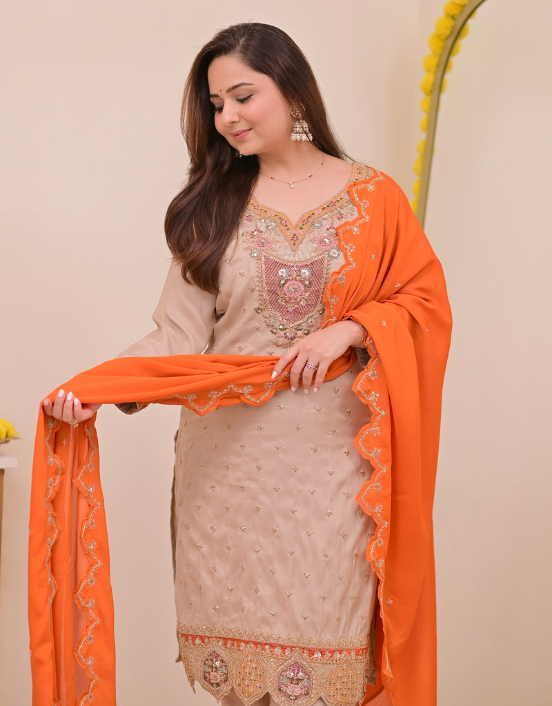 Sunkissed Ivory Chanderi Silk Handwork Festive Suit