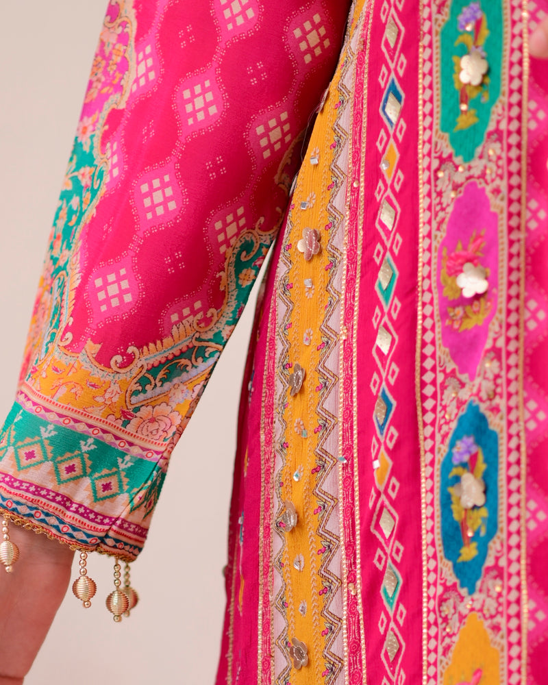 Rani Pink Chinnon Handwork A Line Festive Suit