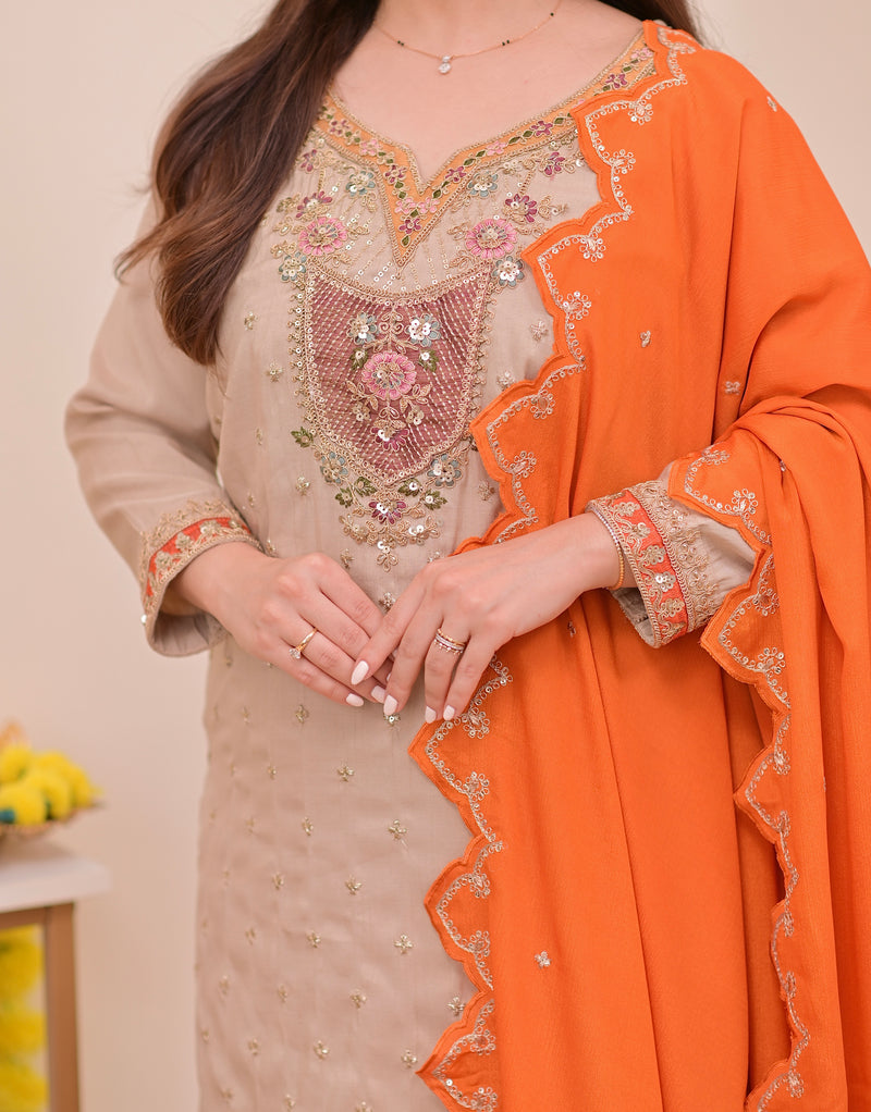 Sunkissed Ivory Chanderi Silk Handwork Festive Suit