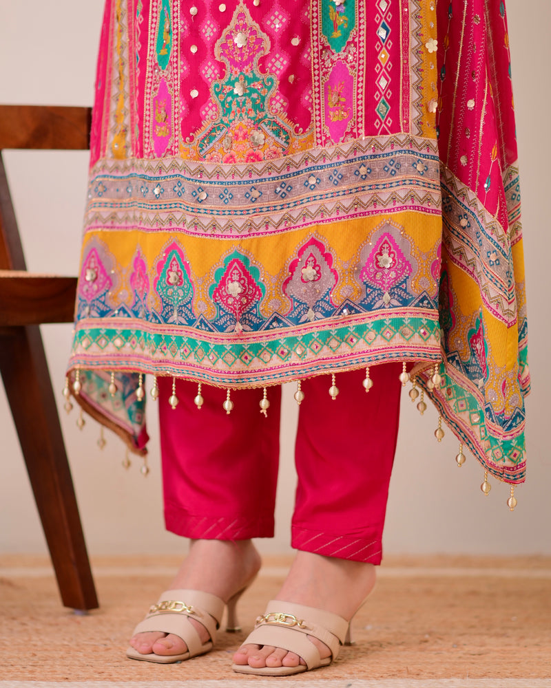 Rani Pink Chinnon Handwork A Line Festive Suit