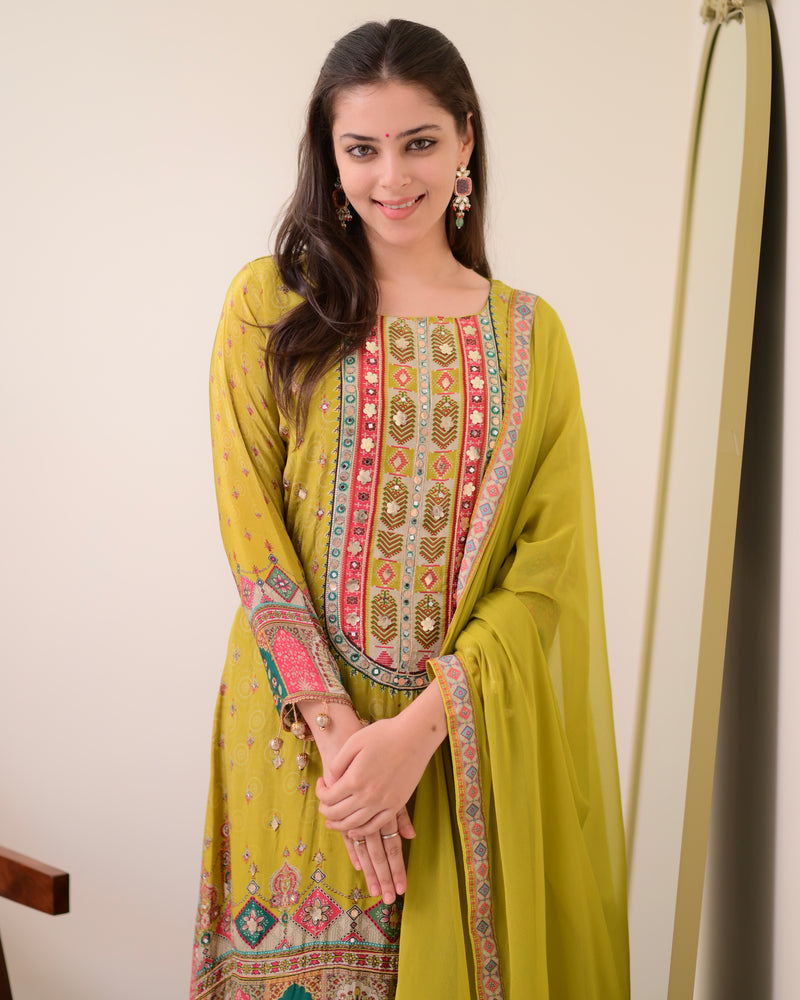 Greenish Yellow Crepe Handwork A Line Festive Suit