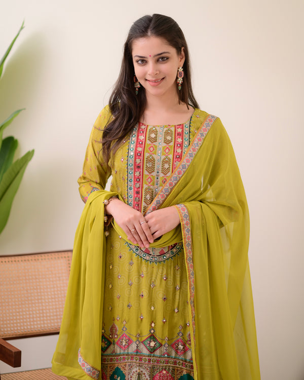 Greenish Yellow Crepe Handwork A Line Festive Suit