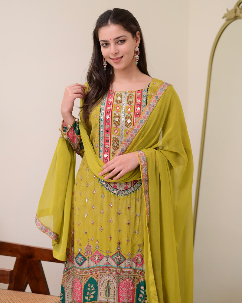 Greenish Yellow Crepe Handwork A Line Festive Suit