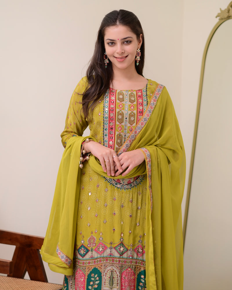 Greenish Yellow Crepe Handwork A Line Festive Suit