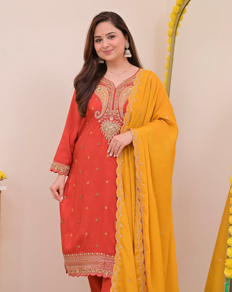 Tangerine Glow Paisley Chanderi Silk Handwork Festive Suit